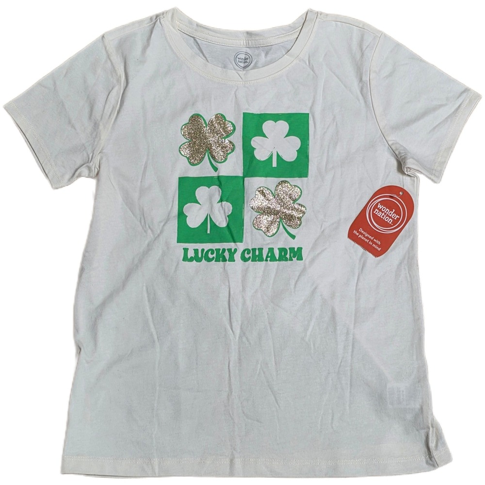 Wonder Nation Lucky Charm Shamrock Glitter T Shirt Kids Size XL 14-16 White